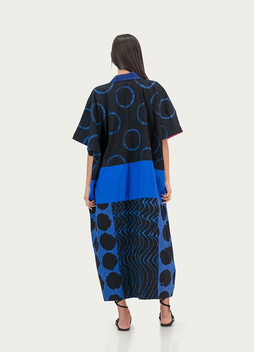 Blue & Black Agbada w Print Asooke Collar - Midi