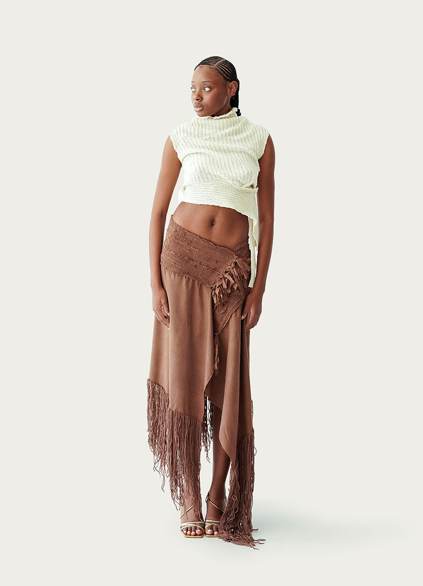 Pure Wool & Mohair Woven with Upcycled Linen Scarf and Fringe Skirt