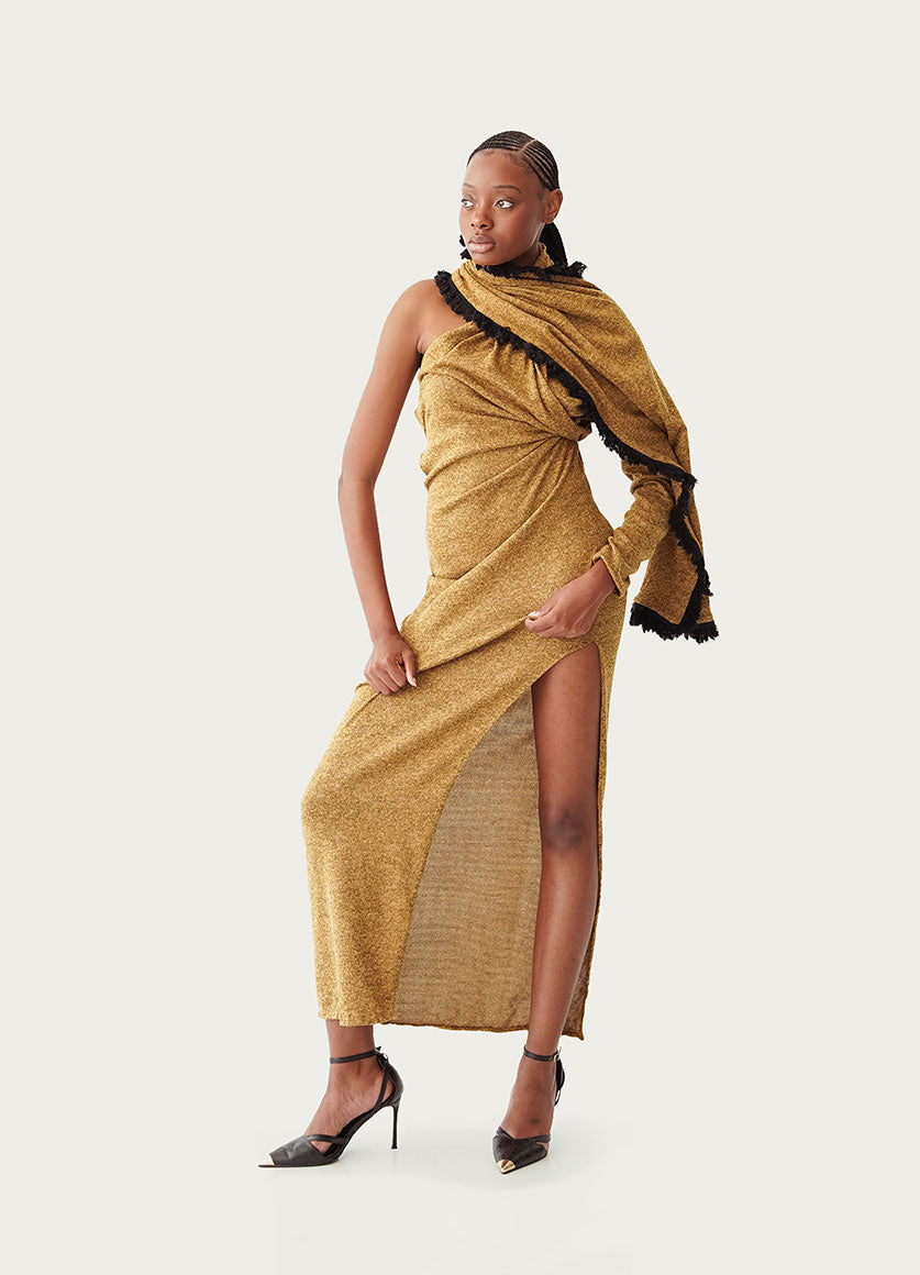 Draped Twist stretch dress scarf with Denim jean fringe fray detailing