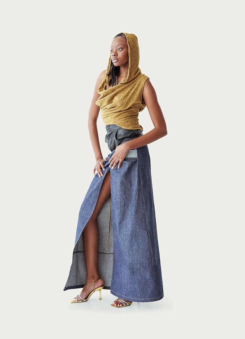 Upcycled Leather Upper & Denim wrapped panel skirt