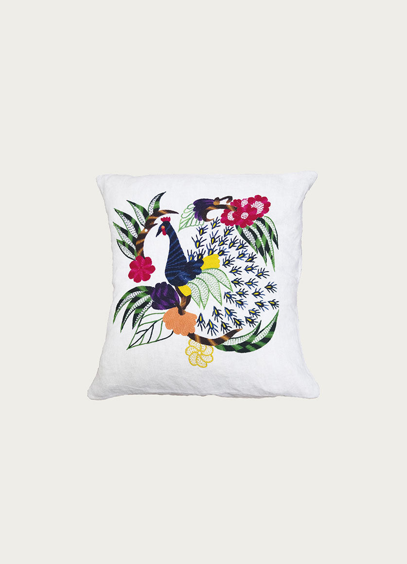 Beige Embroidered Linen Pillow Peacock