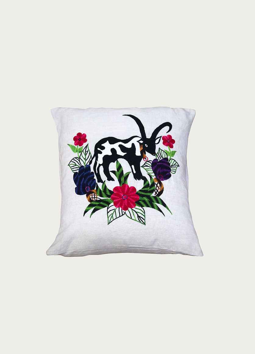 Beige Embroidered Linen Pillow Cow