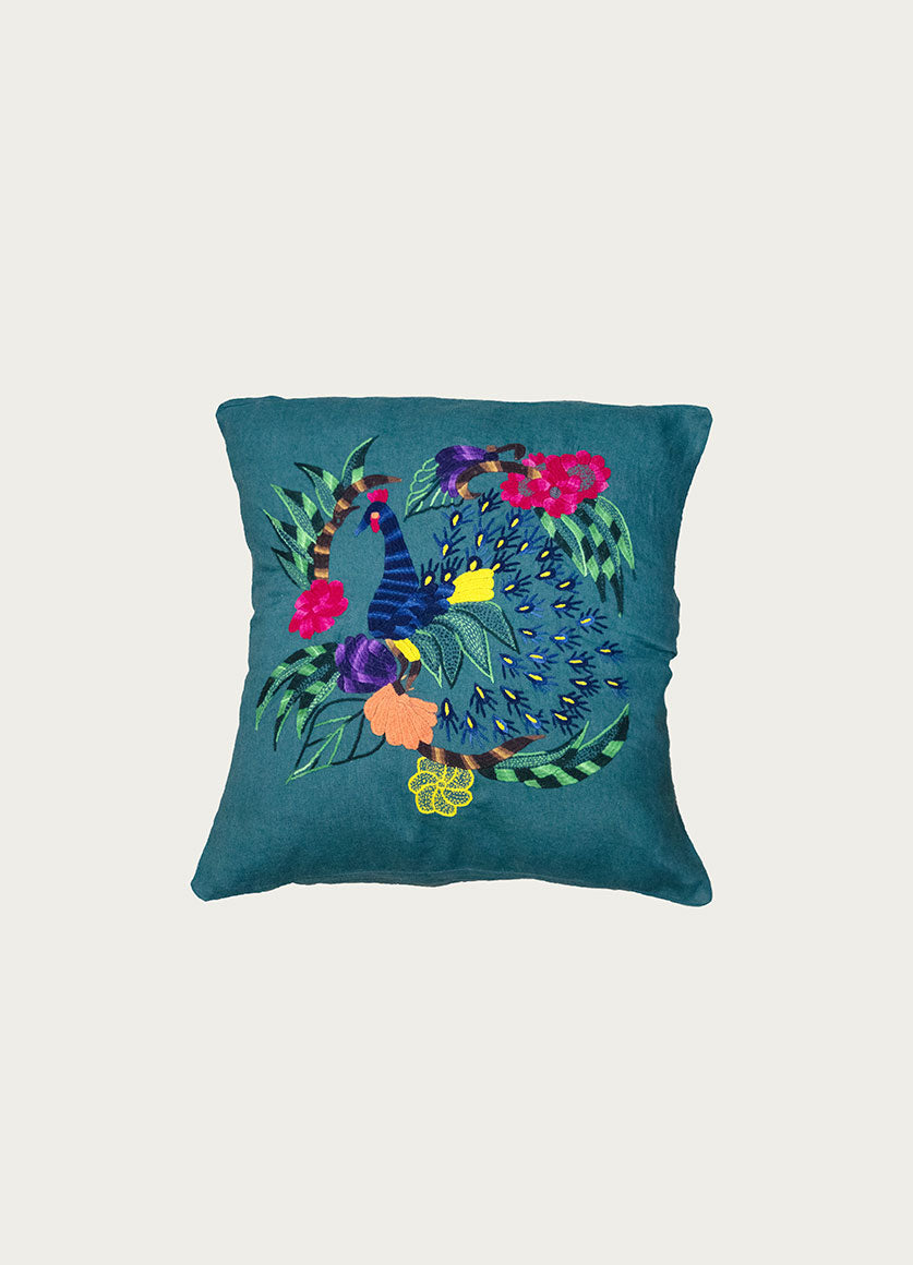 Green Embroidered Linen Pillow Peacock