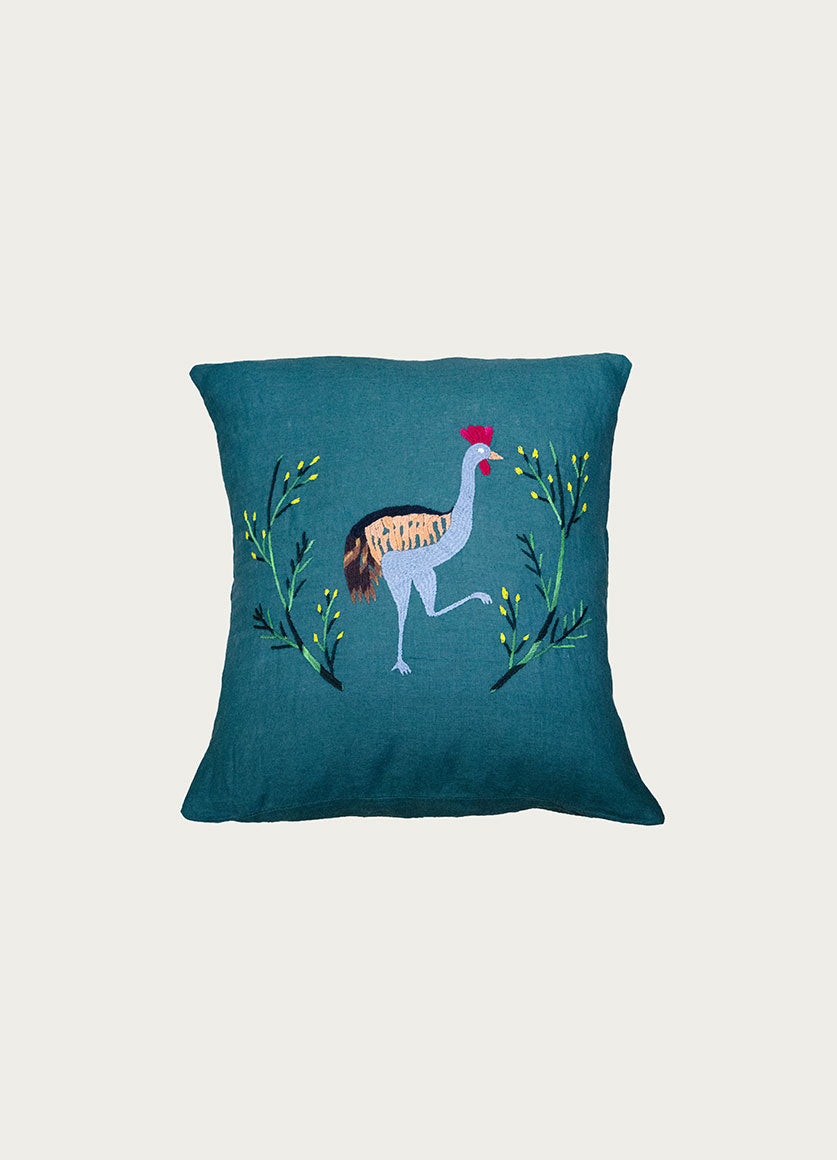 Green Embroidered Linen Pillow Crane