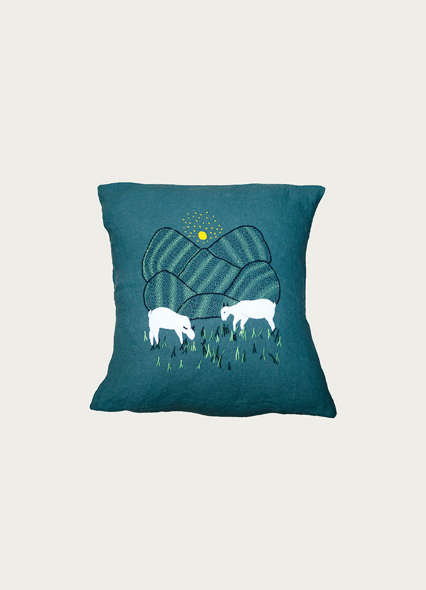 Green Embroidered Linen Pillow Sheep