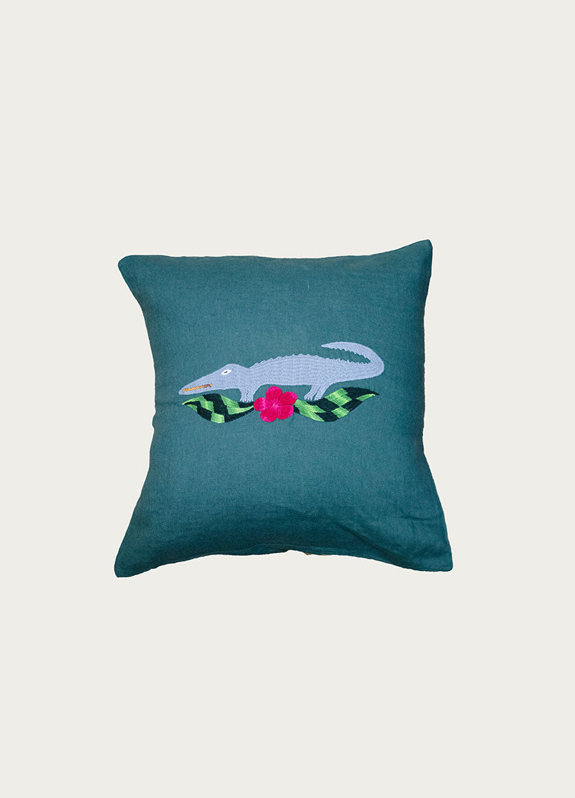 Green Embroidered Linen Pillow Croc