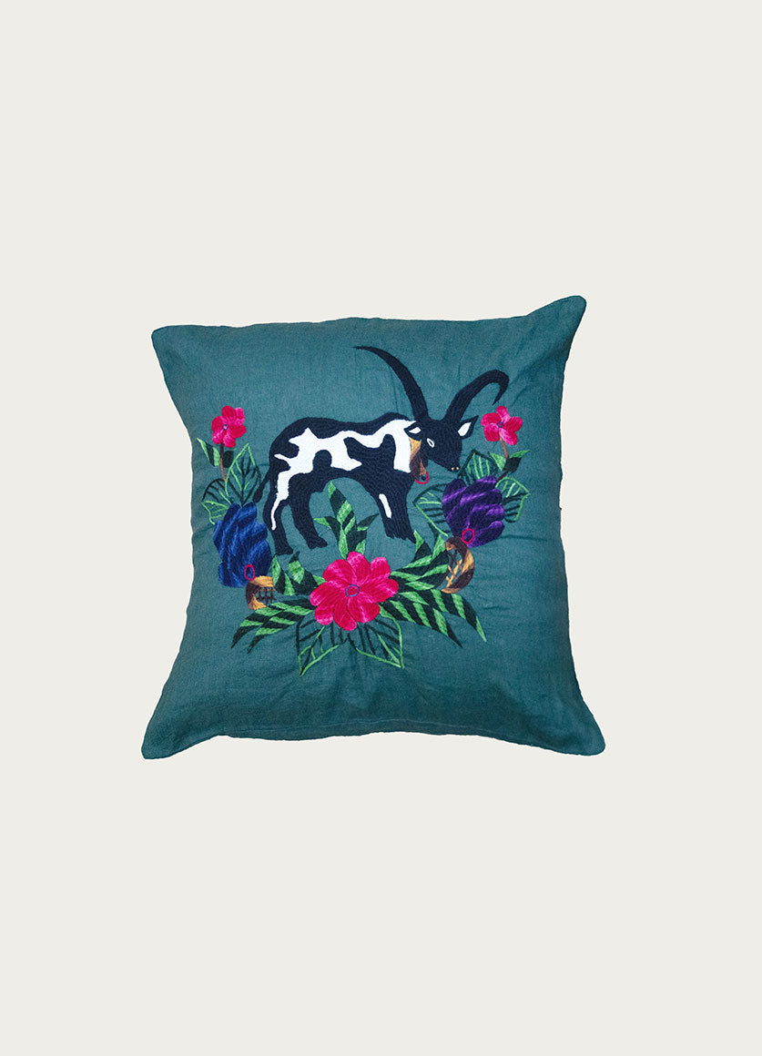 Green Embroidered Linen Pillow Cow