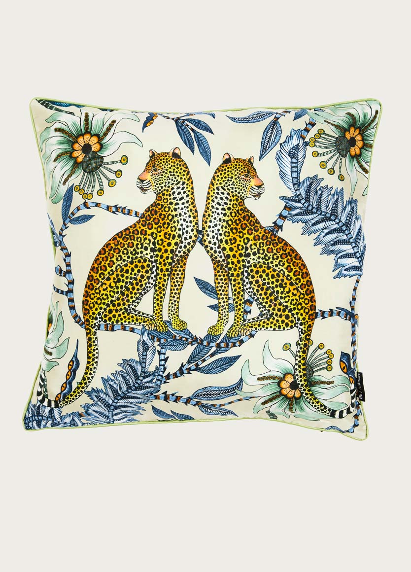 Lovebird Leopards Tanzanite Silk Cushion Cover